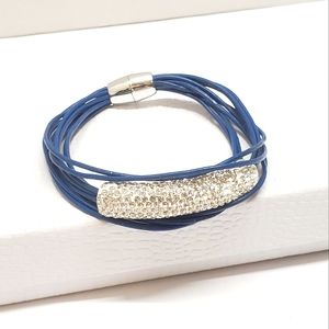 Silver Plated Pave Crystal Bar & Multiple Blue Leather Cords Magnetic Bracelet